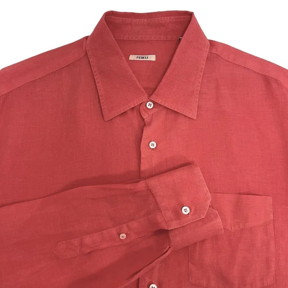 FEDELI Men’s Button Down Linen Shirt Long Sleeve Summer Shirt Coral Size 45 XL - Picture 2 of 11